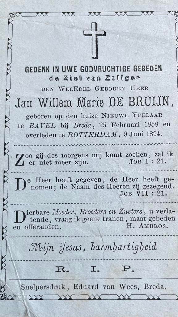 Jan Willem Marie de Bruijn Bavel 1858., Ophalen of Verzenden