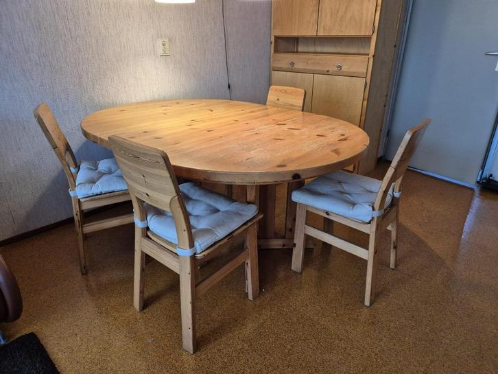 Scandinavische grenen eettafel verstelbaar met 6 stoelen, Huis en Inrichting, Tafels | Eettafels, Gebruikt, 50 tot 100 cm, 200 cm of meer