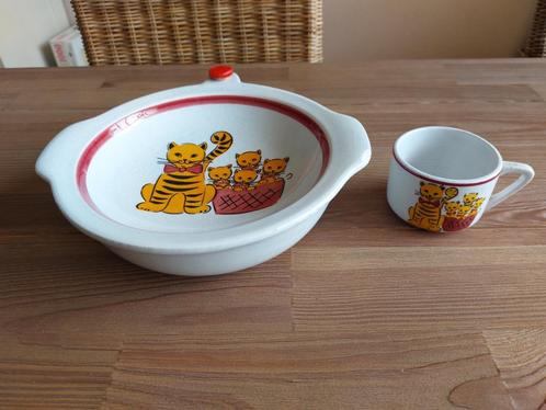 Prachtig Vintage Warmhoud Bord - Beker Kat Poes Schramberg, Antiek en Kunst, Antiek | Servies compleet, Verzenden