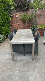 RVS + Hardsteen tafel 6 persoons, 4 wicker stoelen, Tuin en Terras, Tuinsets en Loungesets, Ophalen, Gebruikt, 6 zitplaatsen, Rvs