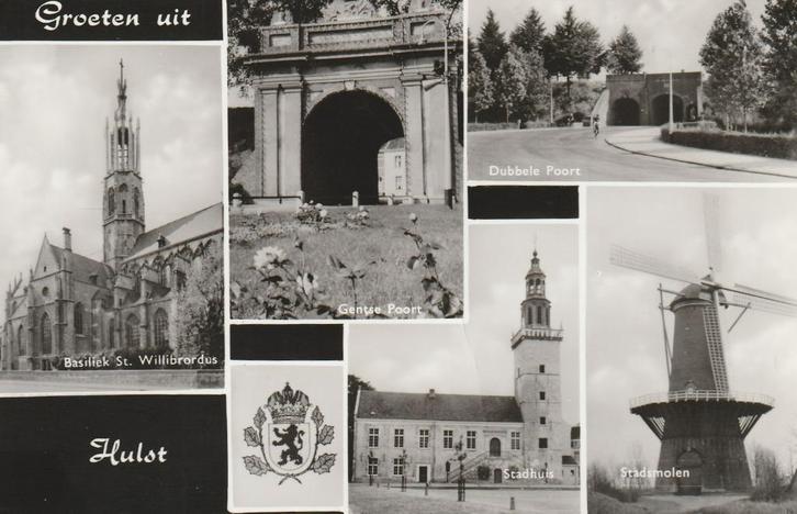 HULST Basiliek Gentse Poort Dubbele Poort Molen Groeten, Verzamelen, Ansichtkaarten | Nederland, Gelopen, Zeeland, 1940 tot 1960
