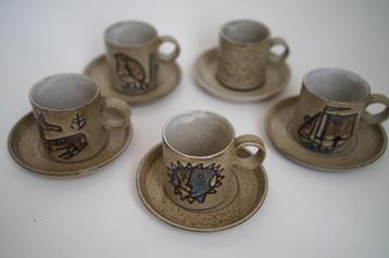 set hannie mein kop schotel 5x aardewerk hert zon schip. beschikbaar voor biedingen