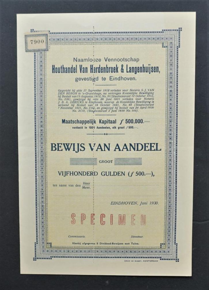 Houthandel Van Hardenbroek & Langenhuijsen - Eindhoven 1930, Postzegels en Munten, Aandelen en Waardepapieren, Aandeel, 1920 tot 1950