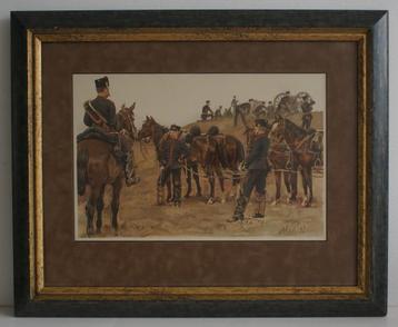 Prachtige prent militair front met paarden hele mooie lijst  beschikbaar voor biedingen