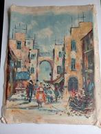 Schilderij jaren 60 stadsgezicht met mensen, Antiek en Kunst, Kunst | Schilderijen | Klassiek, Ophalen of Verzenden
