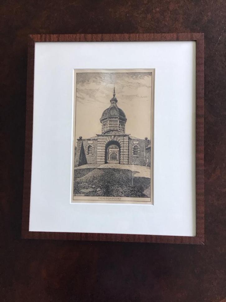 Morschpoort Leiden in wortelhouten lijst, Antiek en Kunst, Kunst | Etsen en Gravures, Ophalen of Verzenden