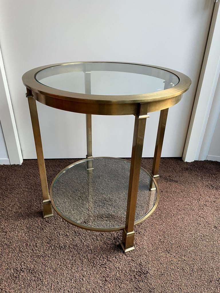 Ronde messing (bijzet)tafel met 2 glasplaten, Ophalen