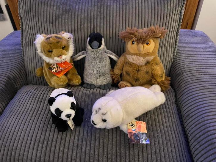 5 dieren WWF knuffels uil panda beer zeehond tijger pinguïn, Kinderen en Baby's, Speelgoed | Knuffels en Pluche, Zo goed als nieuw
