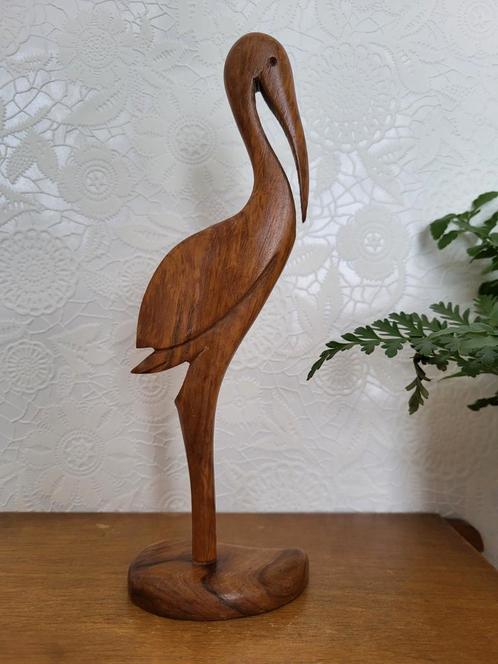 Retro vintage houten kraanvogel op druppelvormige voet., Antiek en Kunst, Curiosa en Brocante, Ophalen of Verzenden