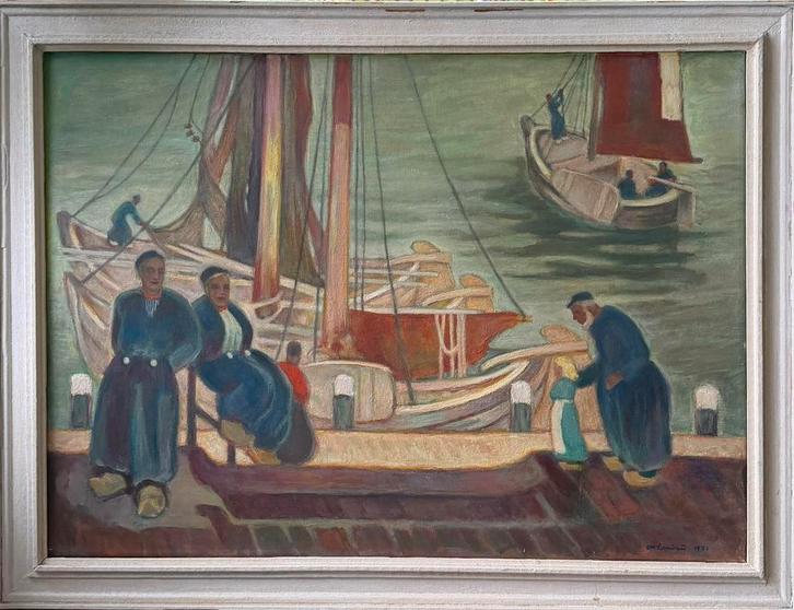 In de haven van Volendam, Antiek en Kunst, Kunst | Schilderijen | Klassiek, Ophalen of Verzenden
