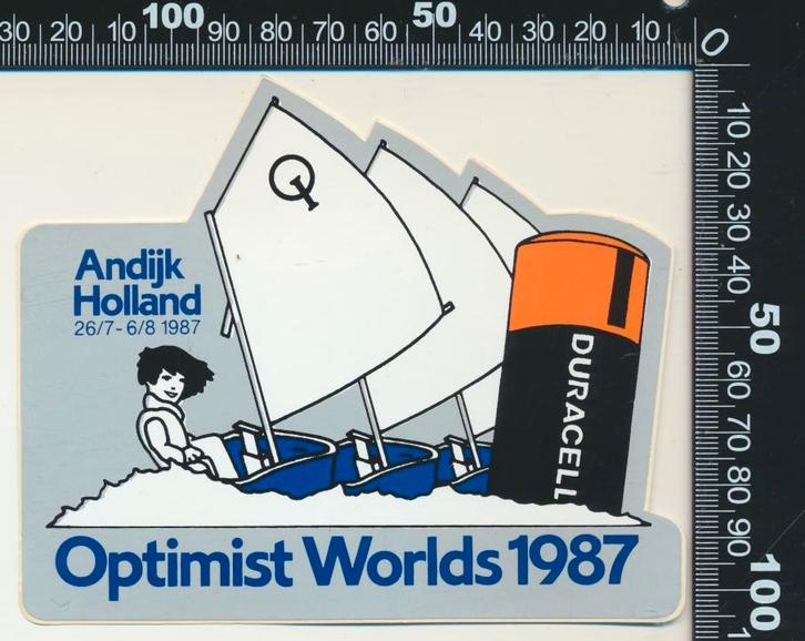 Sticker: Optimist Worlds 1987 - Duracell - Andijk, Verzamelen, Stickers, Zo goed als nieuw, Bedrijf of Vereniging, Verzenden