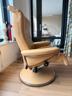 Stressless relaxfauteuil oker leer met leren voet, Ophalen, Gebruikt, Leer, 75 tot 100 cm