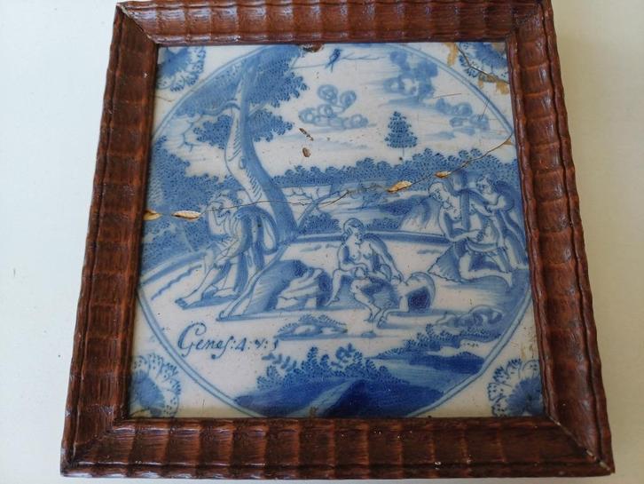 Antiek bizonder anjer tegel met bijbelse voorstelling, Antiek en Kunst, Antiek | Wandborden en Tegels, Ophalen