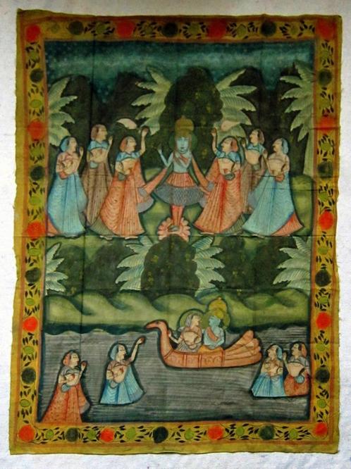 Oude handbeschilderde zijden (?) doek uit India, 121 x 96 cm, Antiek en Kunst, Kunst | Niet-Westerse kunst, Ophalen of Verzenden