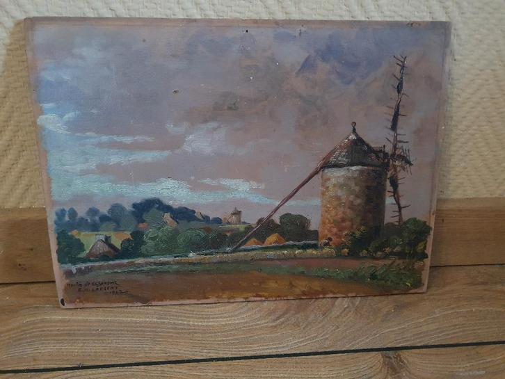 Landschap met molen olieverf op paneel, Antiek en Kunst, Kunst | Schilderijen | Klassiek, Ophalen of Verzenden