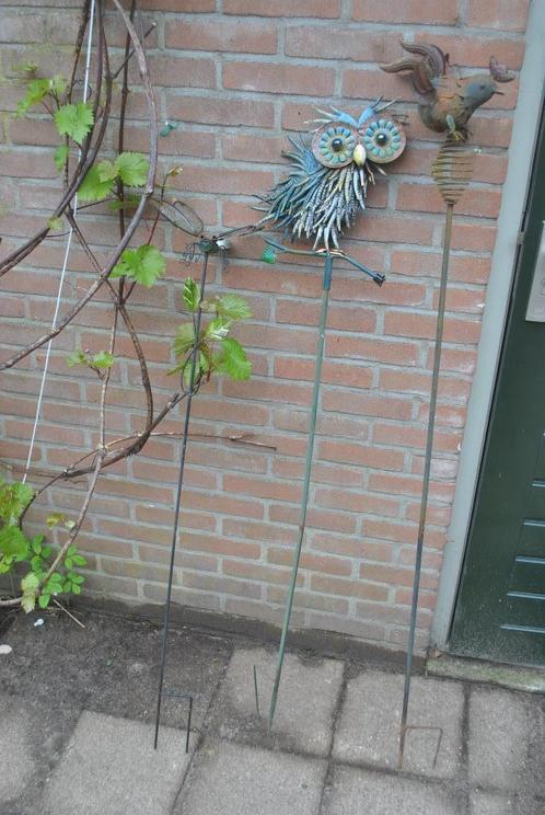 Tuindecoratie, tuinstekers, 3 stuks, vlinder, uil, haan, Tuin en Terras, Tuinwanddecoratie, Gebruikt, Ophalen
