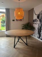 Massief eikenhouten ronde tafel (160cm) met vlinderpoten, 150 tot 200 cm, Rond, Ophalen of Verzenden, Zo goed als nieuw