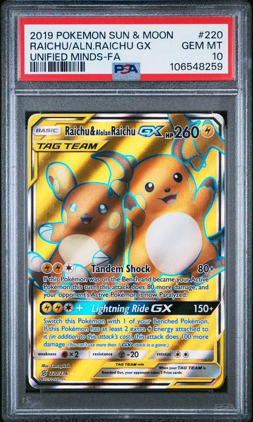 Pokemon Raichu & Alolan Raichu GX Full Art - PSA 10, Hobby en Vrije tijd, Verzamelkaartspellen | Pokémon, Nieuw, Losse kaart, Foil