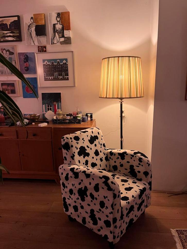 Vintage Schemerlamp met Lederen Standaard, Huis en Inrichting, Lampen | Vloerlampen, Gebruikt, 100 tot 150 cm, Stof, Ophalen