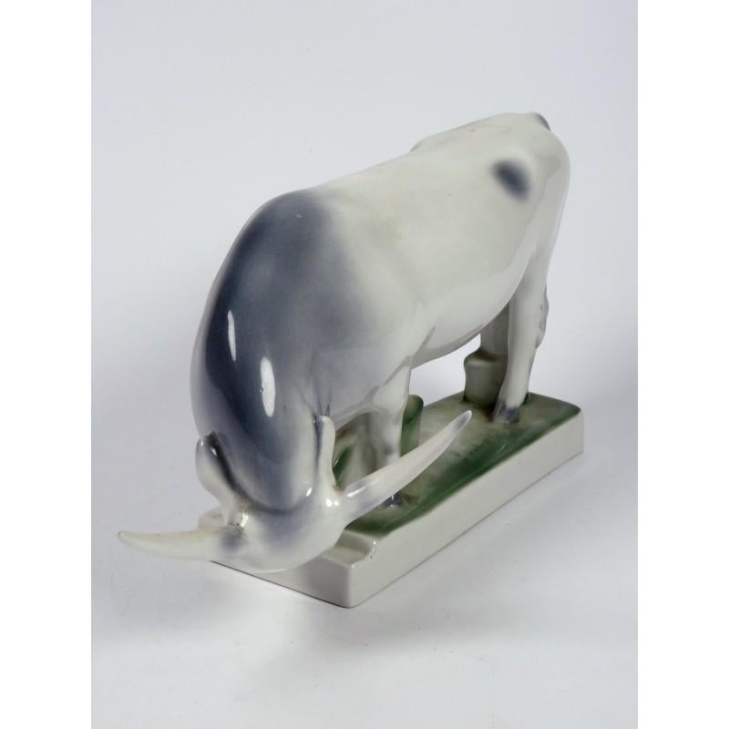 Zsolnay - Groot antiek porseleinen beeld. Grijs rund. Sinko, Verzamelen, Beelden en Beeldjes, Ophalen, Gebruikt, Dier