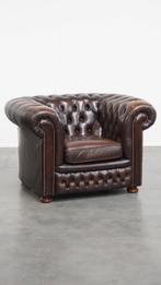 Imposante, Engelse rundleren chesterfield fauteuil, Huis en Inrichting, Ophalen, Zo goed als nieuw, /, /