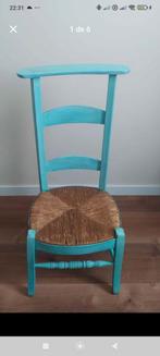 Turquoise stoel met rieten zitting, Gebruikt, Blauw, Landelijk, Eén