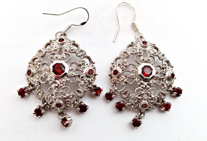 Oorhangers 925 zilver ajour filigraan streeksieraad granaat, Sieraden, Tassen en Uiterlijk, Oorbellen, Zo goed als nieuw, Hangers