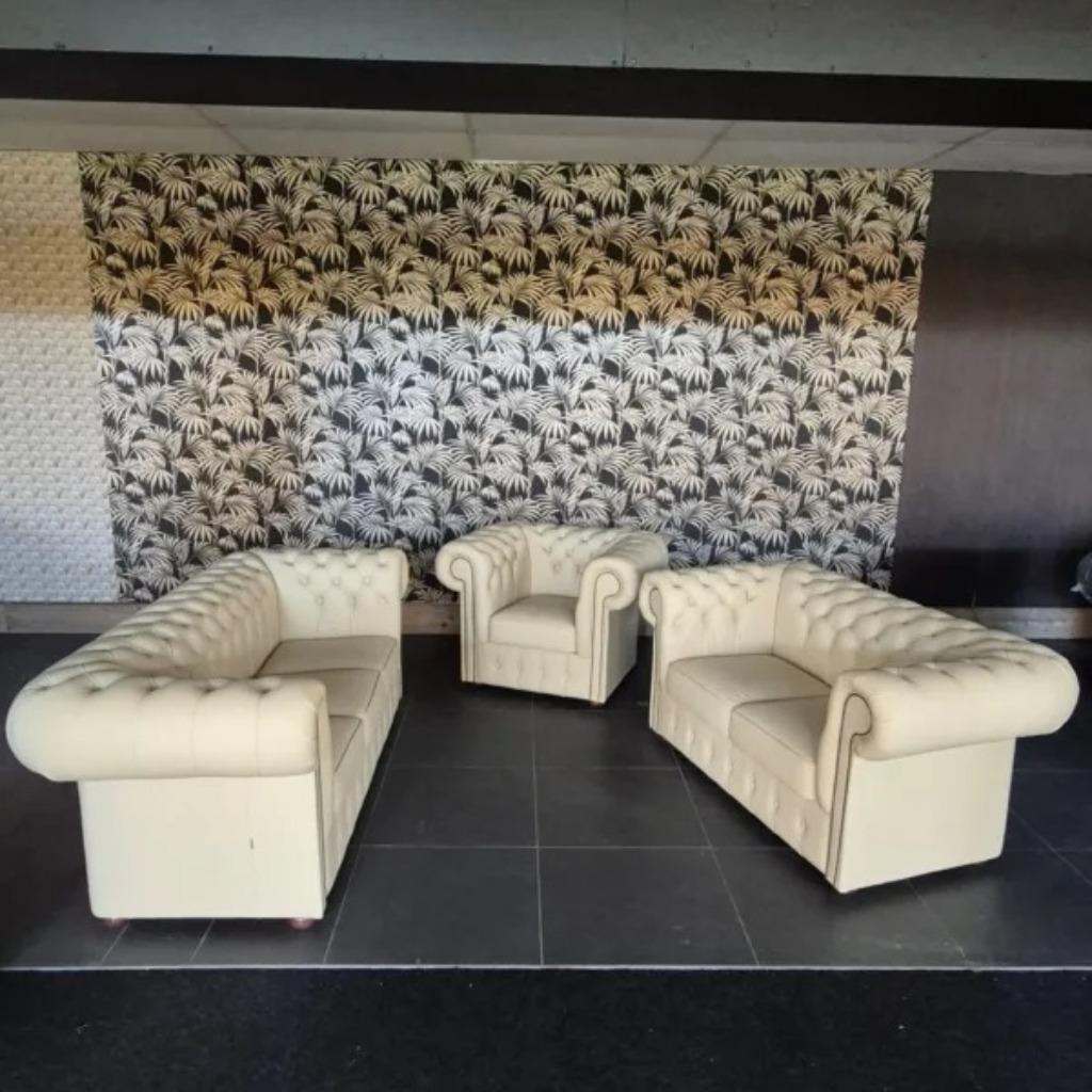 24508 Chesterfield Bankstel Cremewit 3-2-1 Leder, Ophalen, Nieuw, Leer