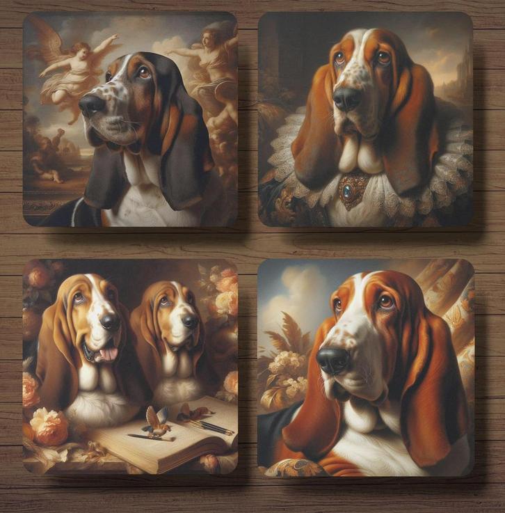 Basset Hound Barok onderzetters met houder, Huis en Inrichting, Woonaccessoires | Onderzetters, Nieuw, Glas of Kopje, Ophalen of Verzenden
