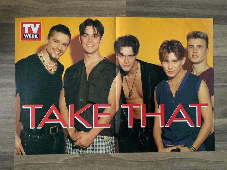 Poster Take That / Artikel Bon Jovi, Verzamelen, Posters, Zo goed als nieuw, Muziek, A1 t/m A3, Rechthoekig Liggend, Ophalen of Verzenden