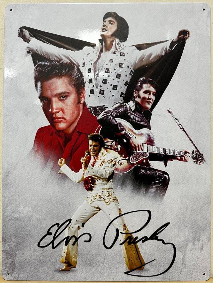 Elvis Presley collage fotos reclamebord van metaal wandbord, Verzamelen, Muziek, Artiesten en Beroemdheden, Nieuw, Foto of Kaart