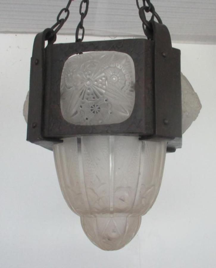 originele art deco luster Hettier Vincent geperst glas, Antiek en Kunst, Antiek | Lampen, Verzenden