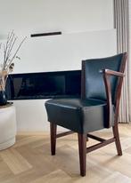 Zwart lederen stoel,jaren 50,retro,vintage,leer,hout, Huis en Inrichting, Stoelen, Gebruikt, Eén, Zwart, Ophalen