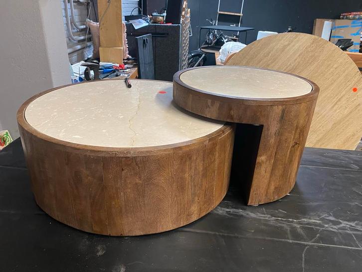 Salontafel Set Beige Marmer Mangohout, Huis en Inrichting, Tafels | Salontafels, Nieuw, Minder dan 50 cm, 50 tot 100 cm, Rond