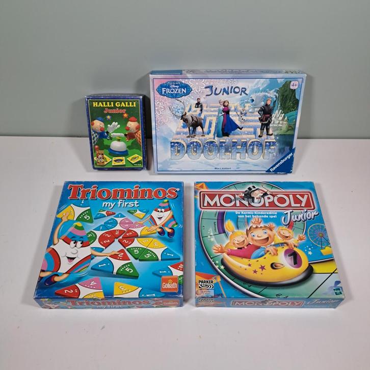 Spellenset junior: monopoly, triominos, doolhof frozen,, Hobby en Vrije tijd, Gezelschapsspellen | Bordspellen, Gebruikt, Een of twee spelers