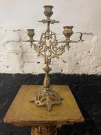 Antieke kandelaar zwaar messing 3 armen rijkelijk bewerkt, Ophalen of Verzenden, Koper of Brons