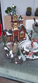 Kerstdorp tafereel kerk met ijsbaan, boompje etc., Ophalen of Verzenden, Gebruikt