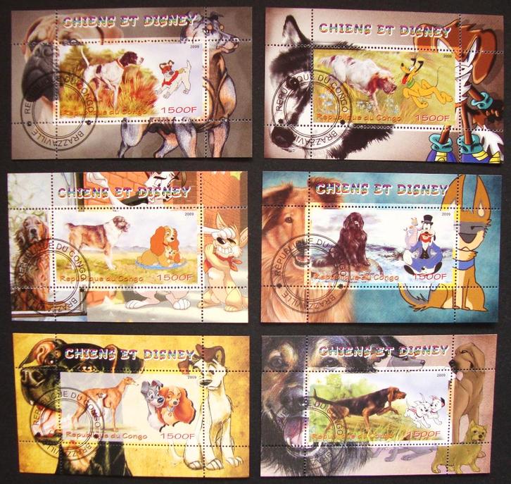 - 684 - 6 Honden en Disney blokjes., Postzegels en Munten, Postzegels | Thematische zegels, Gestempeld, Overige thema's, Verzenden