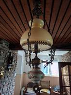 Antieke Olielamp met Porselein & Glazen Kap, Ophalen, 50 tot 75 cm, Glas, Vintage