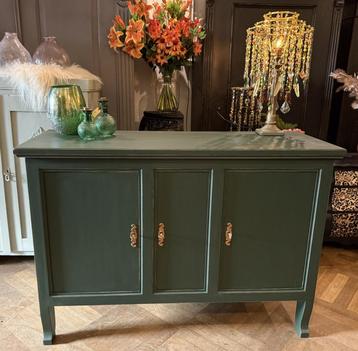 Vintage klein dressoir oud strak kastje groen goud kast VdlM beschikbaar voor biedingen