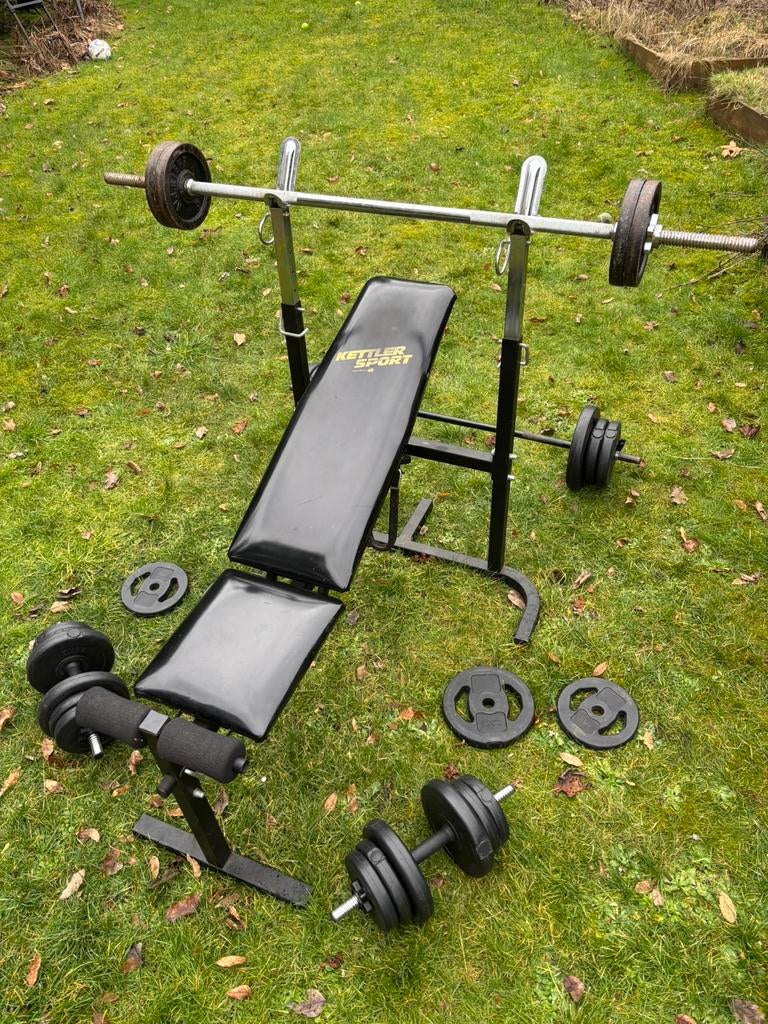 Complete fitness set: dumbbells, barbells, bank, Sport en Fitness, Fitnessmaterialen, Ophalen, Gebruikt, Armen, Dumbbell