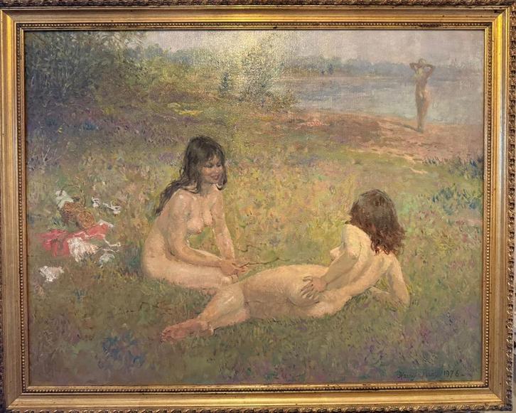 Mooie grote Harry Maas, 3 naakte dames, olieverf op doek, Antiek en Kunst, Kunst | Schilderijen | Klassiek, Ophalen of Verzenden