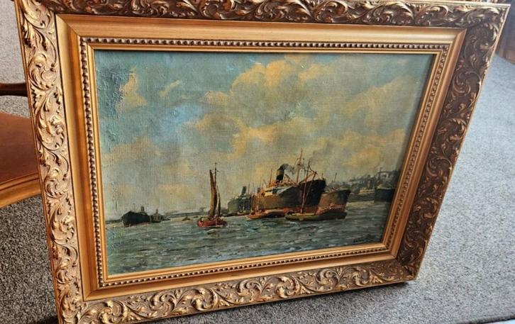 ROTTERDAMS MAASHAVENGEZICHT JAREN 60 OLIEVERF OP DOEK 75X55, Antiek en Kunst, Kunst | Schilderijen | Klassiek, Ophalen