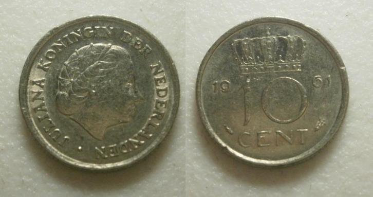 Juliana 10 cent 1961, Postzegels en Munten, Munten | Nederland, Losse munt, 10 cent, Koningin Juliana, Ophalen of Verzenden