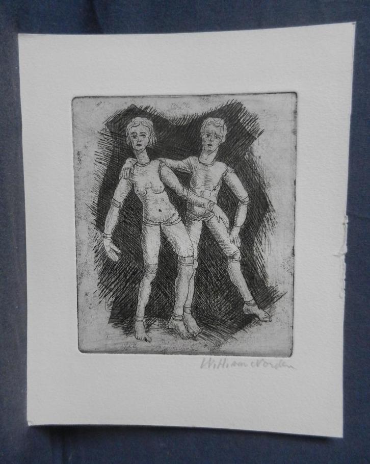 Ets Twee stoffen poppen door W.H. van Norden (1883-1978), Antiek en Kunst, Kunst | Etsen en Gravures, Ophalen of Verzenden