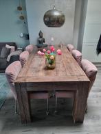 Eethoek 6 personen Houten tafel en leren stoelen op wieltjes, Huis en Inrichting, Complete eetkamers, Ophalen, Zo goed als nieuw