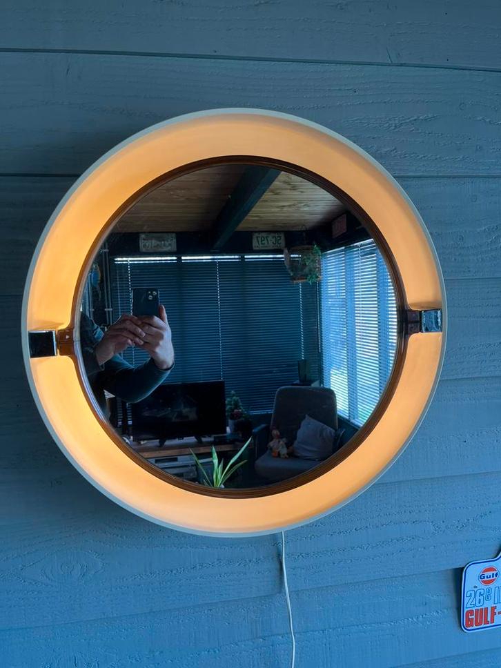 Vintage Space Age Allibert A41 spiegel met verlichting, Huis en Inrichting, Woonaccessoires | Spiegels, Gebruikt, 50 tot 75 cm