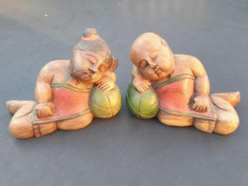 2 houten Buddha beelden als setje (handgesneden) beschikbaar voor biedingen
