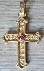 Gouden victoriaanse kruis hanger met rode edelsteen, Goud, Hanger, Met edelsteen, Ophalen of Verzenden