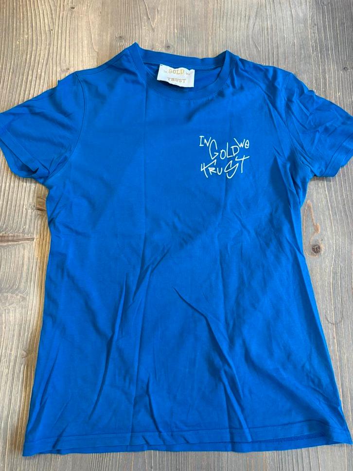 In Gold We Trust shirt maat M, Kleding | Heren, T-shirts, Gedragen, Maat 48/50 (M), Blauw, Ophalen of Verzenden